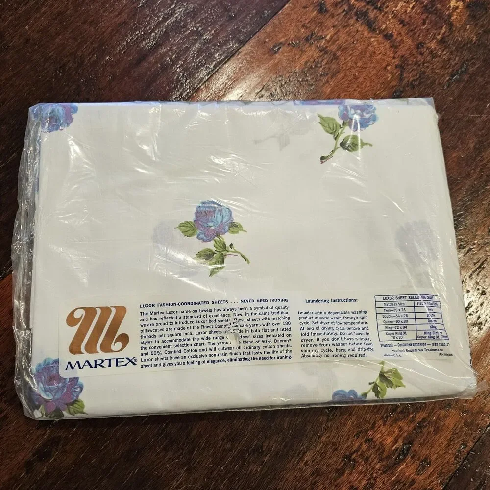 MARTEX Luxor blue rose vintage twin flat fitted sheet set floral percale NOS